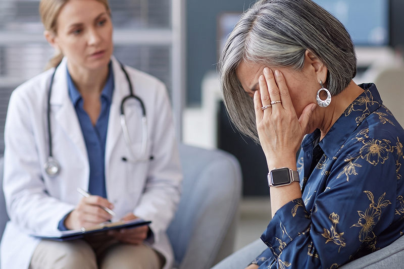Distressed older woman talking to a doctor