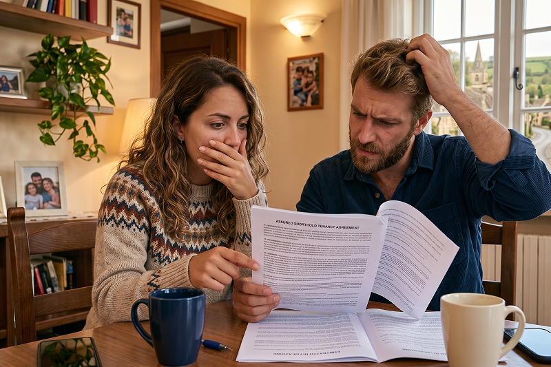 Shocked couple reading important documents