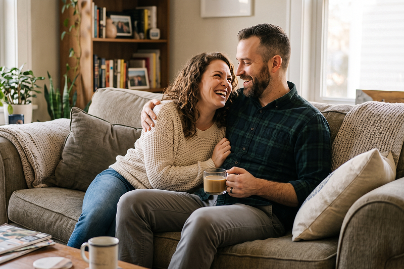 Happy couple sitting on a sofa