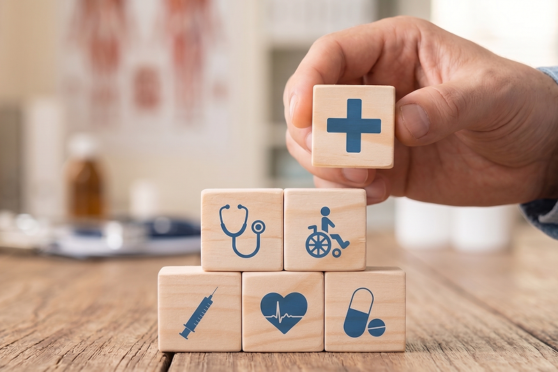 Wooden blocks with medical icons on them