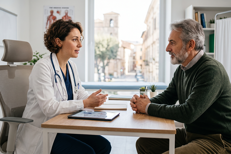 Older man talking with a young female doctor