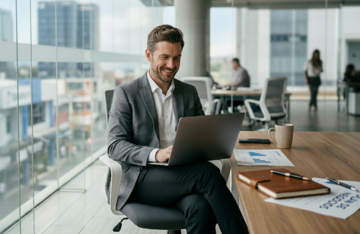 Smartly dressed and cheerful businessman in a modern office using his laptop