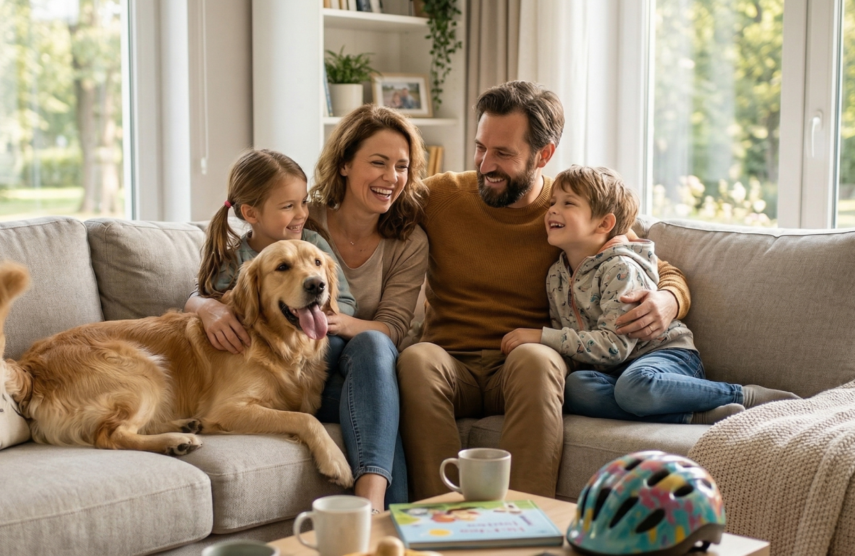 Happy young couple sitting on a sofa with their two children and their dog