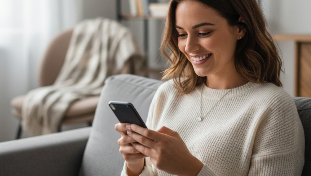 Happy young woman checking her insurance quotes on her mobile phone
